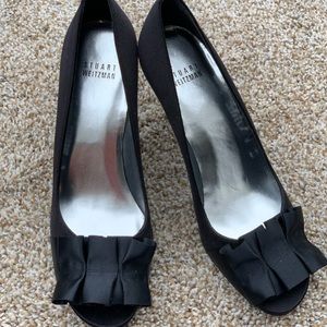 Black Satin Bow Peep Toe High Heel
